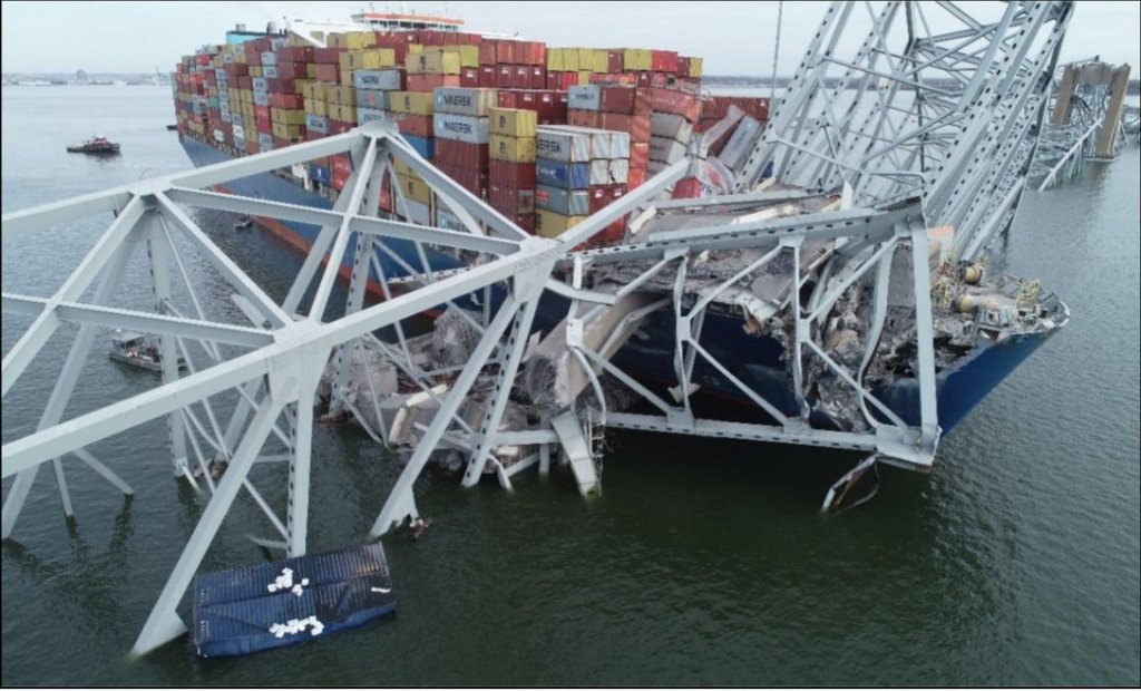 Dali beneath collapsed steelwork from the Francis Scott Key Bridge, viewed from above the bow in March 2024.