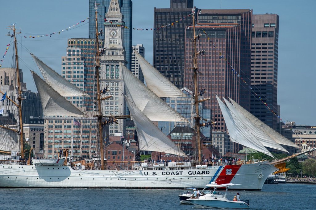 USCGC Eagle with sails set and crew aloft during the Sail250 parade in Boston Harbour on 11 July 2026.