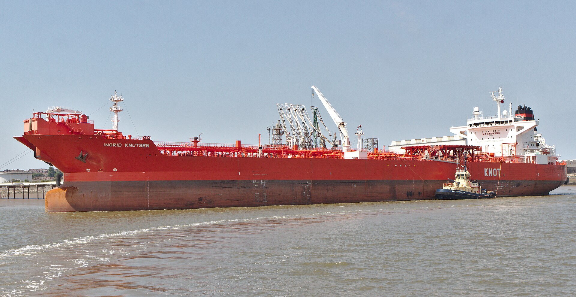 Red hulled shuttle tanker Ingrid Knutsen berthed at Tranmere, Birkenhead