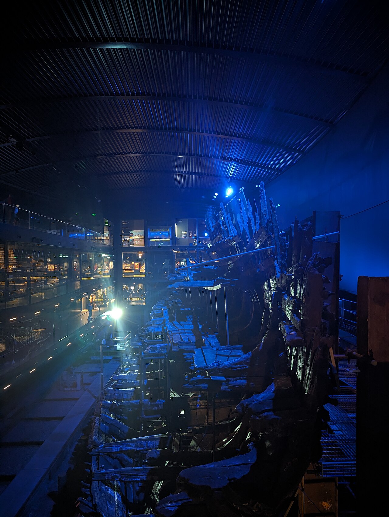 The surviving hull of the Mary Rose in her museum at Portsmouth