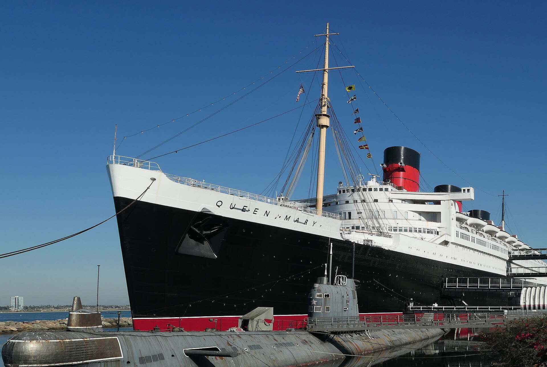 RMS Queen Mary, the 1936 Cunard liner, moored at Long Beach
