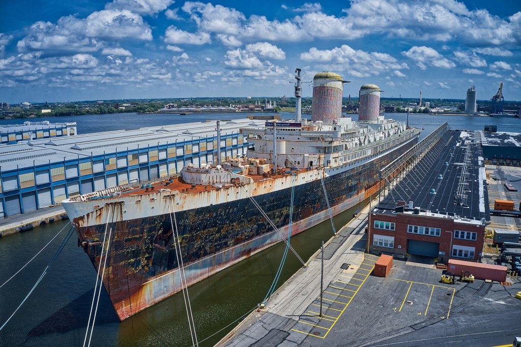 United States at her Philadelphia berth in August 2020, photographed from a drone