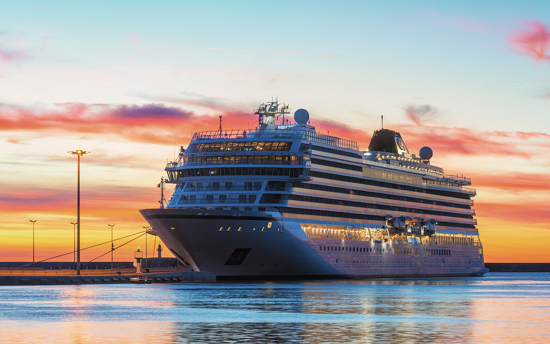 Cruise ship Viking Sky moored at Sète at sunrise